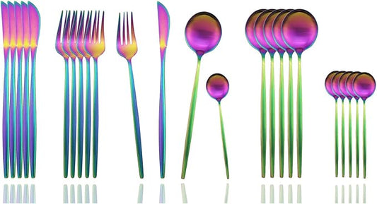 JASHII Silverware Set, 24-Piece Stainless Steel Flatware Set,Kitchen Utensil Set Service for 6,Tableware Cutlery Set for Home, Dishwasher Safe (Matte Rainbow) by JASHII