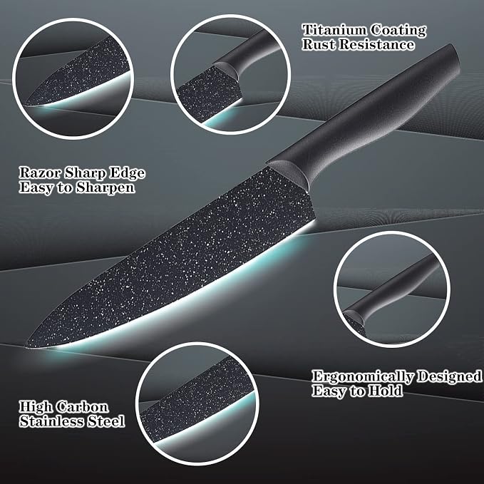 Marco Almond Kitchen Knife Set 12 PC Chef Knife Set Black | 6 Knives with 6 Blade Guards, Stainless Steel Knives Set for Kitchen, Anti-Rust,Ergonomic Handle,Full Tang,Gift Box - Image 3