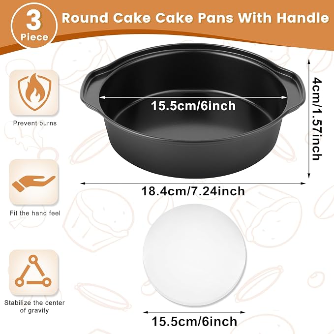BEWOS 6 Inch Cake Pan Set - 3 Pcs Carbon Steel Round Cake Pans with 100 Pcs Parchment Paper, Round Cake Pans, Nonstick Baking Pans Set with Handle, Dishwasher Safe - Image 2