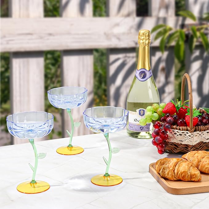 12 Pcs Blue Plastic Ribbed Coupe Glasses Detachable 7oz Flower Cocktail Glasses Modern Wavy Plastic Cocktail Coupes Disposable Martini Glasses Mimosa Glassware champagne goblets (12, Blue) - Image 6