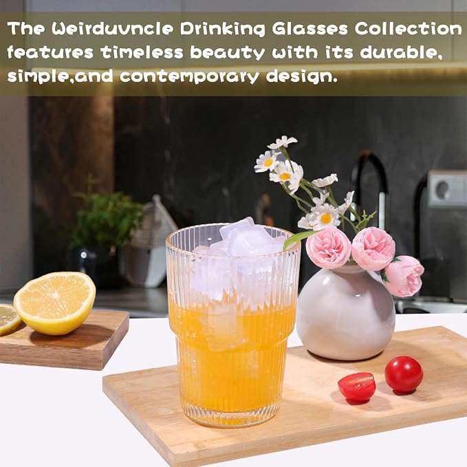 Set of 6 Cute Ribbed Glassware,14oz Vintage Clear Glass Tumbler, Origami Style, Fluted Design, Ideal for Water, Iced Coffee, Juice, Milk Tea, Latte, Housewarming Gift - Image 6