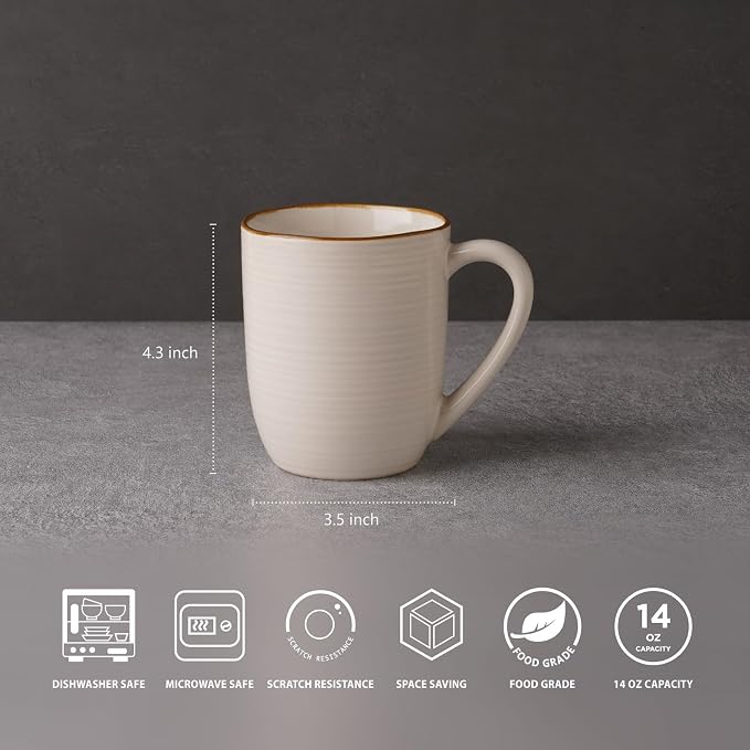 famiware Tempus Coffee Mugs Set of 4, 14 oz Coffee Cup Set, Stoneware Mugs with Handle for Coffee, Tea, Cocoa, Milk, Cappuccino, Microwave Safe - Antique White - Image 2