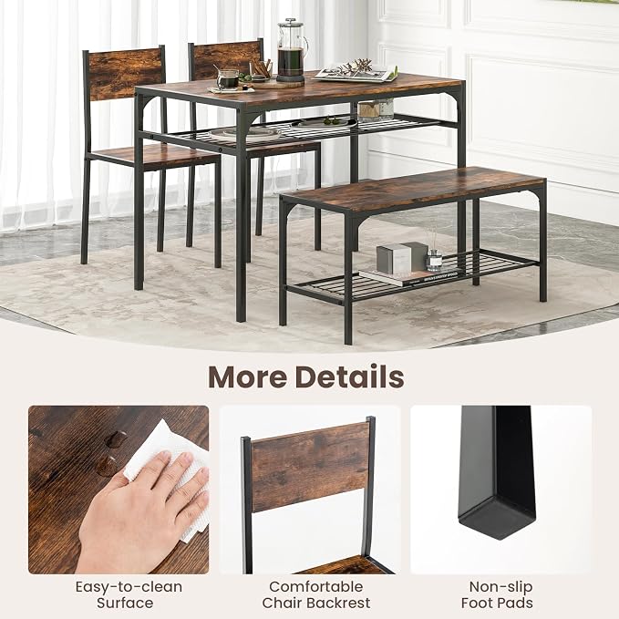 Giantex Dining Table Set for 4, Kitchen Table with Chairs & Bench, Storage Racks, Metal Frame, 4-Piece Space-Saving Dinette Set for Dining Room, Breakfast Nook, Small Space, Apartment,Rustic Brown - Image 6