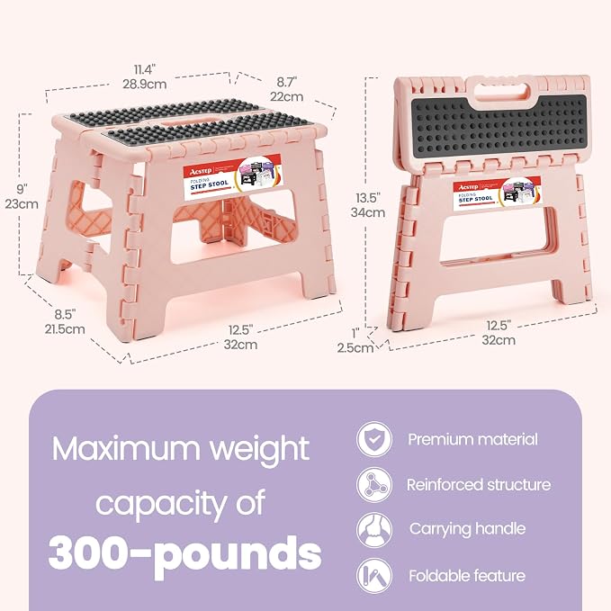 ACSTEP 9 Inch Folding Step Stool 300 LB Capacity Non Slip Foot Stool with Handle Plastic Foldable Step Stools for Kids Stepping Stool for Bathroom Black Small Step Stool (1 PC Pink) | Heavy Duty Foldable Stools, Lightweight, Holds 300 lb, for Toddler K... - Image 4
