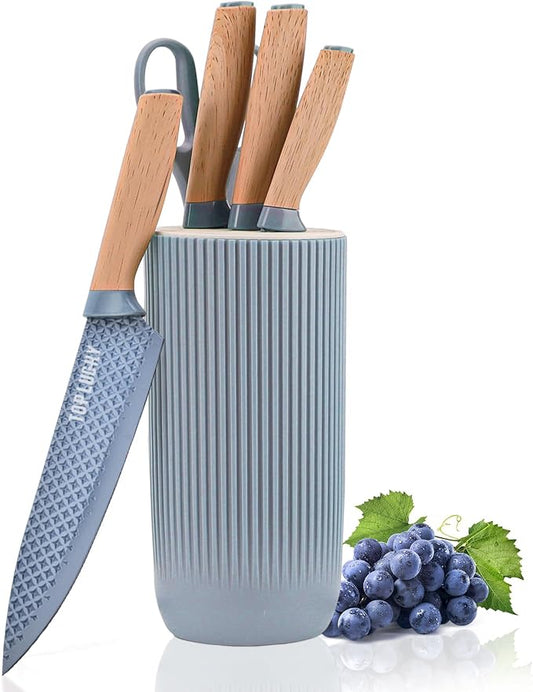 Kitchen Knife Set, Retrosohoo 6-Pieces Blue Sharp Knife Set for Kitchen, Non-stick Non-slip Stainless Steel Chef Knife Set with Universal Knife Block Suitable for Home Restaurant (Dusty Blue) by RETROSOHOO