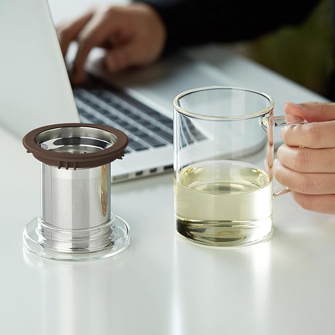Glass Tea Cup with Infuser and Lid, 400ml Large Borosilicate Teacup, Clear Mug for Loose Leaf Tea, Blooming Tea, Tea Bags - Perfect Christmas or Birthday Gift for Women