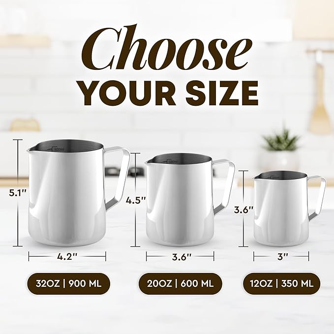 Zulay Milk Frothing Pitcher with Latte Art Pen – 12oz 20oz 32oz - Stainless Steel Frother Cup with Measurement Markings, Espresso & Coffee Accessories Creamer Jug with Laser-Welded Handle - 20 oz