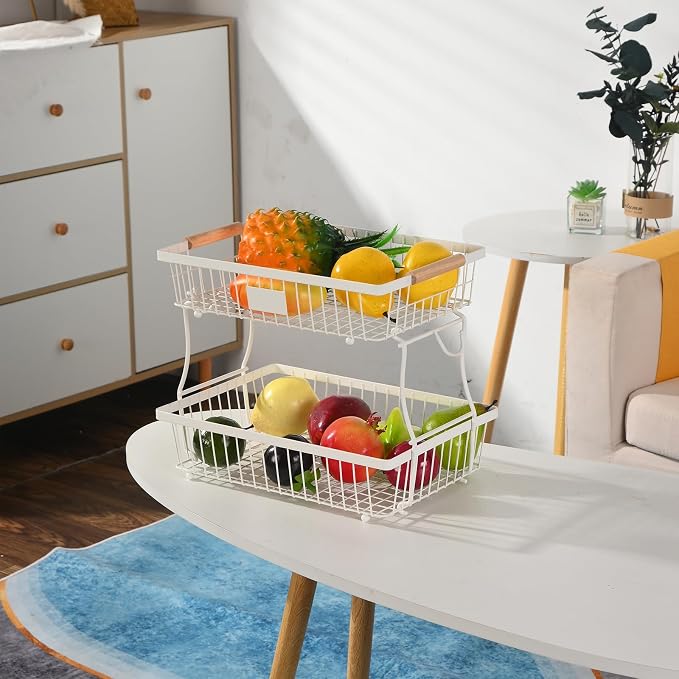 2 Tier Detachable Fruit Basket Bowl with 2 Banana Hangers, Fruit Stand Holder for Kitchen Countertop, Metal Wire Vegetable Storage Organizer, for Bread Snack Veggies Produce, White - Image 6