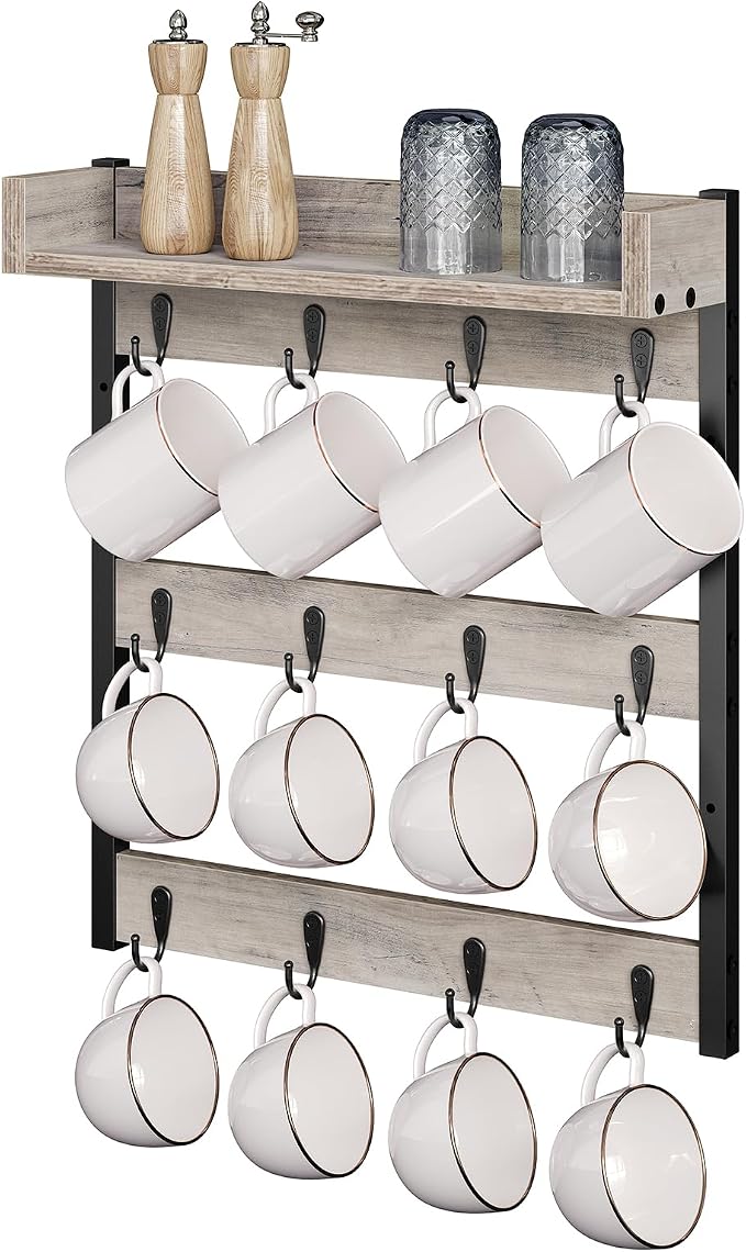 YATINEY Coffee Mug Holder Stand, 3 Tier Mug Tree Rack, Hanging 12 Cups, with Top Shelf, for Kitchen, Dining Room, Living Room, Cafe, Greige and Black MH42BG - Image 8