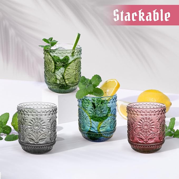 Topsky Vintage Drinking Glass Set of 4,12 oz Embossed Floral Drinkware Set,Colorful Drinking Glasses Cups Wine Glasses Colored Glassware for Whisky,Beer,Juice,Cocktail,Heavy Duty - Image 8