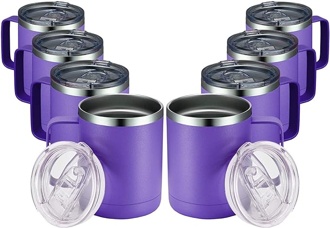 MEWAY 12oz Coffee Mug With Handle 8 Pack Bulk,Stainless Steel Insulated Travel Tumblers With Sliding Lid,Double Wall Vacuum Camping Cup for Hot & Cold Drinks Tea (Purple,Set of 8) by MEWAY