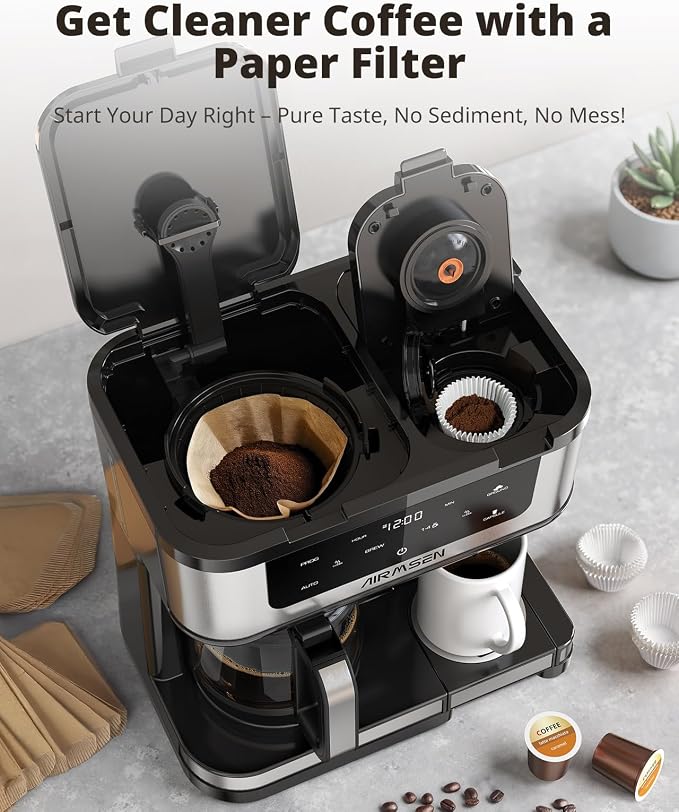 AIRMSEN 12-Cup Programmable Dual Coffee Maker – Single Serve Machine for K-Cup Pods & Ground, 1000W Fast Brew, Delay Start, 2H Keep Warm, Touchscreen, 60oz Tank, Glass Carafe – Home & Office - Image 7