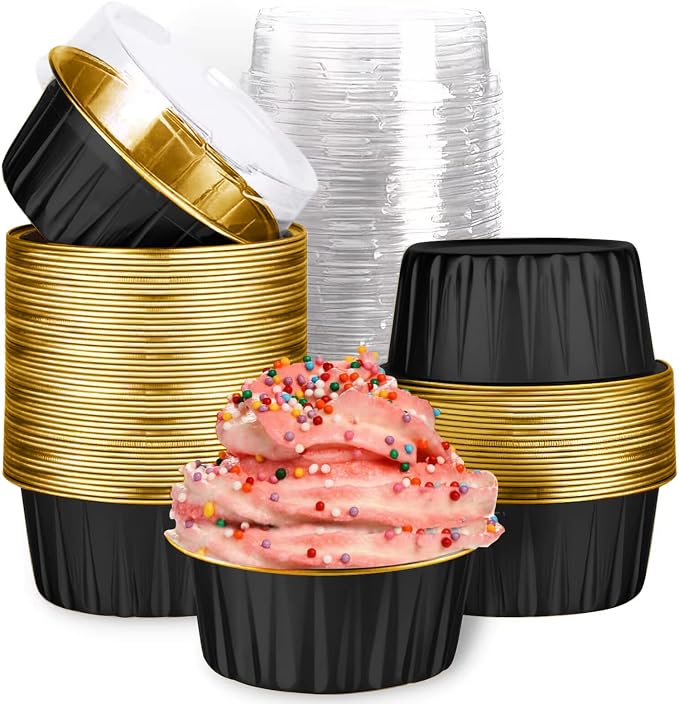 Mini Aluminum Foil Cupcake Baking Cups with Lids (40pcs, 5oz) Round Cupcake Foil Liners Tart Pie Tin Pan Holder - Disposable Mini Cake Containers Flan Molds for Pudding, Souffle, Party, Wedding by Findful