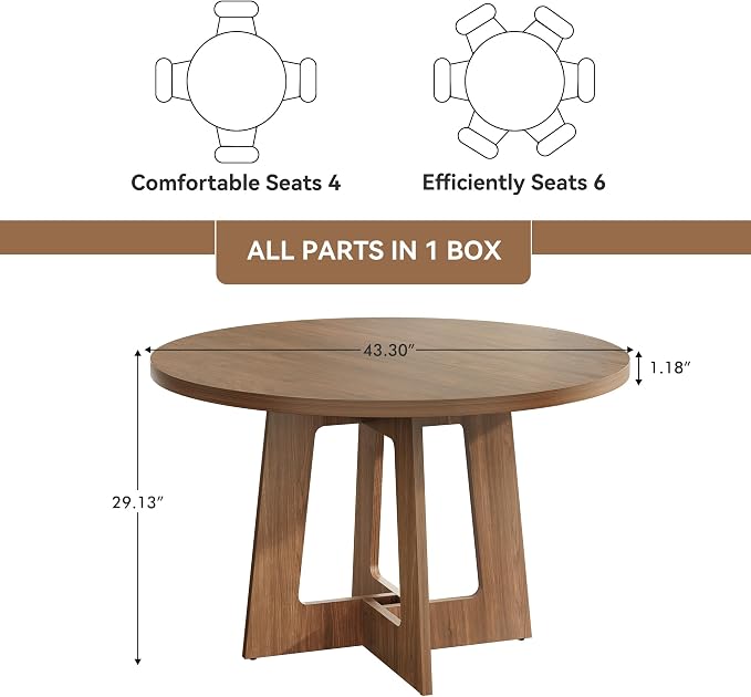Round Dining Table for 4, Wooden Dining Room Table, Circle Kitchen Table for Home Dining Room Kitchen Living Room (Walnut Brown) - Image 2