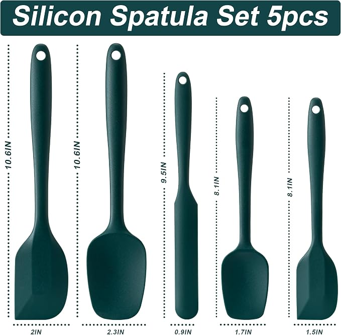 Silicone Spatula Set,5 Piece Food Grade Rubber Spatulas,Dark Green | Spatulas Silicone Heat Resistant for Baking,Cooking,and Mixing High Heat Resistant Non Stick Dishwasher Safe BPA-Free - Image 2