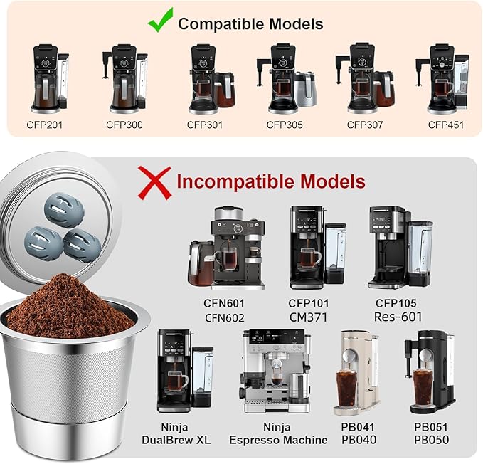 Stainless Steel Reusable Coffee Filter Compatible with Coffee Maker, Reusable Coffee Pods with 4 Cone Coffee Filters, Reusable Coffee Filters for Ninja CFP201 CFP300 CFP301 CFP307