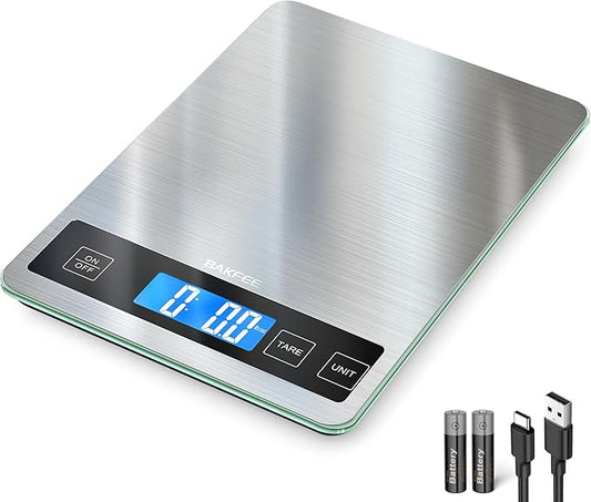 Food Scale, 33lb Digital Kitchen Scale with Stainless Steel & Tempered Glass, USB Rechargeable, 1g / 0.05oz Precise Graduation, Waterproof and Sturdy Surface, for Cooking, Baking, Weight Loss