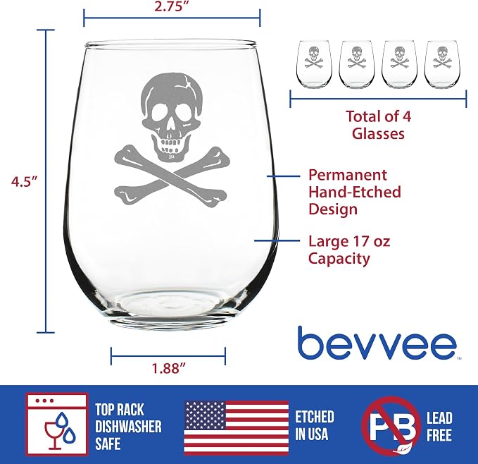 Skull and Crossbones Wine Glass Engraved in Colorado - 17 oz - Set of 4 | Bevvee Gift ideas for pirate enthusiast or sailor who loves skull glassware. Wine glass drinkware for home bars and parties - Image 4