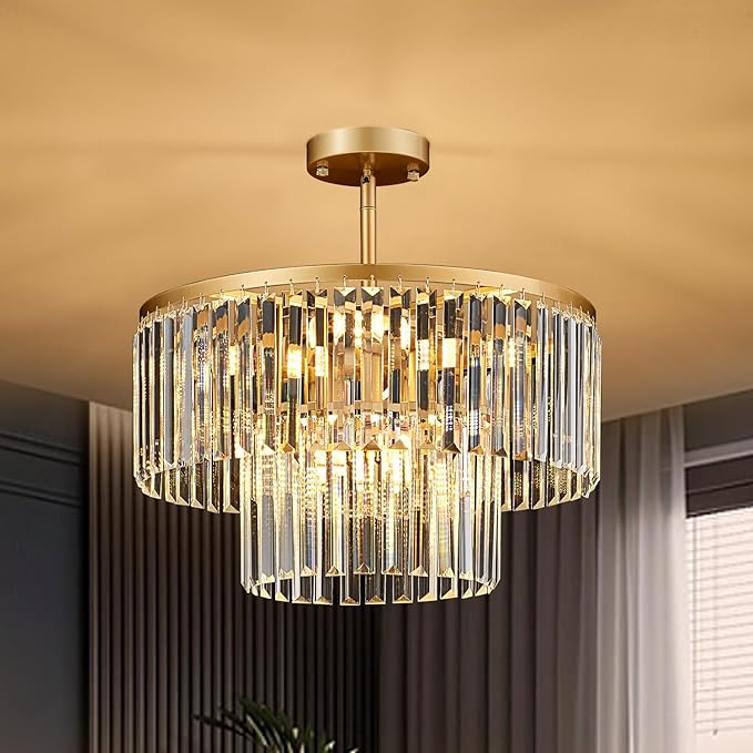 17.7" Gold Semi Flush Mount 2-Tier Crystal Ceiling Light Fixtures for Dining Room Modern Industrial 8-Light Chandeliers Lighting for Bedroom Entryway Hallway Kitchen Island Living Room Foyer by Lighceac-ProfessionalLightingFixturesManufacturer