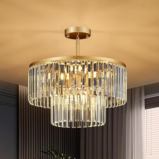 17.7" Gold Semi Flush Mount 2-Tier Crystal Ceiling Light Fixtures for Dining Room Modern Industrial 8-Light Chandeliers Lighting for Bedroom Entryway Hallway Kitchen Island Living Room Foyer by Lighceac-ProfessionalLightingFixturesManufacturer