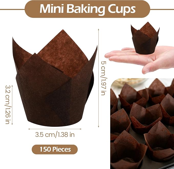 150 Pcs Mini Cupcake Liners Muffin Liners Baking Cups | Tulip Cupcake Liner for Baking Wedding, Birthday, Baby Shower Parties, Brown - Image 2