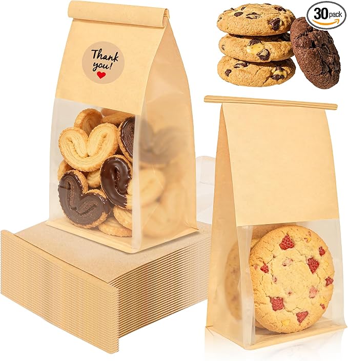 30 Pcs Cookie Bags with Seal & Tin Tie Lock, 8.2x3.9x3.1 Inch Bread Bags with Clear Window Resealable Bagel Bags for Cookies, Muffins, Candies, Snacks – 36 Stickers Included by IMagicoo