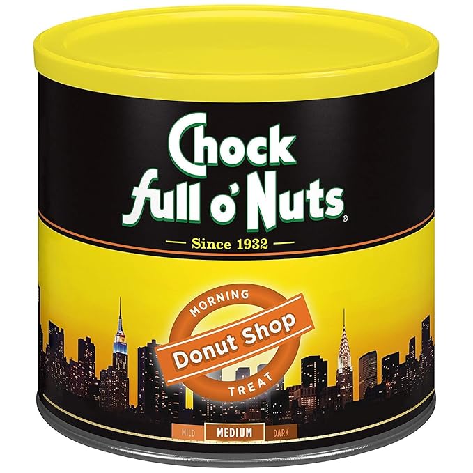 Chock Full o' Nuts Donut Shop Ground Coffee – Premium Beans in Recyclable Steel Can – Rich Flavor & Aroma, Medium Roast – Perfect for Drip, Pour-Over, Percolator – 23 Oz Can