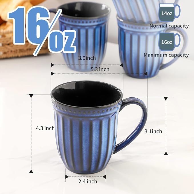 Coffee Mugs Set of 4, 16oz Navy Blue Ceramic Coffee Mug with Embossed Ribbed, Farmhouse Tea Cup Set for Latte, Cappuccino, Milk, Large Handle, Suitable for Office Home Restaurant Housewarming Gift - Image 2