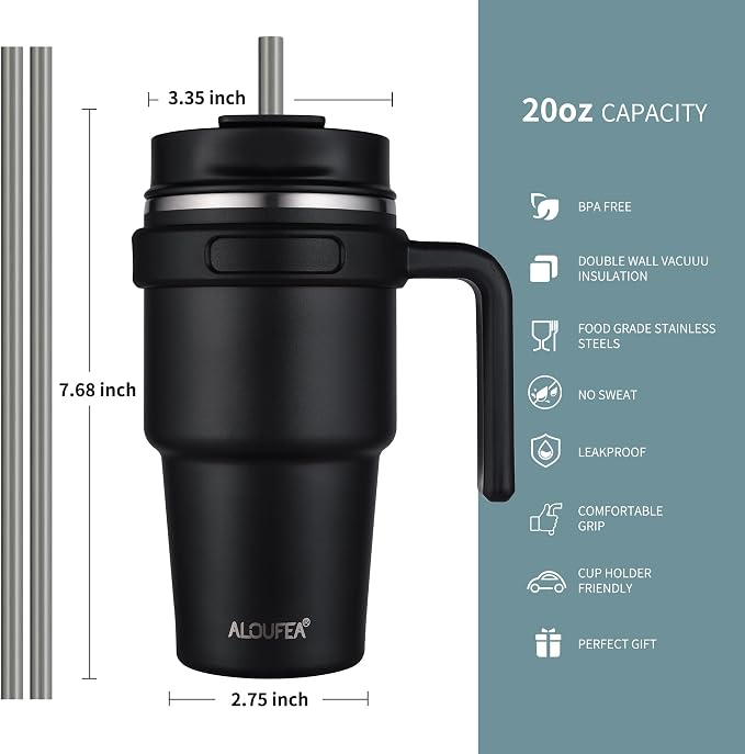 20 oz Insulated Coffee Mug Tumbler with Handle, Stainless Steel Travel Mug Tumbler with Lid and Straw,Double Wall Vacuum Leak Proof Ice Coffee Thermal Cup, Black and Navy - Image 2