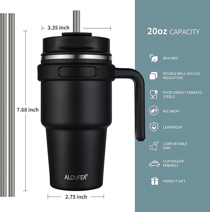 20 oz Insulated Travel Coffee Mug Tumbler with Handle and Straw | Leakproof Stainless Steel Coffee Cup with Lid, Double Wall Vacuum Ice Thermal Cup, Black and Rose Gold - Image 2