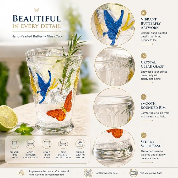 Butterfly Drinking Glasses Set of 2, 14oz Colored Highball Glasses | Vintage Glass Tumblers Hand Painted Glassware Water Tumbler for Water, Iced Coffee, Juice, Cocktails, Whiskey, Sparkling - Image 3