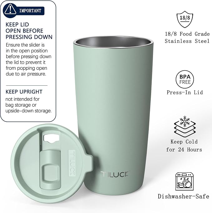 TILUCK 20 oz Insulated Coffee Tumbler with BPA-Free Lid | Travel Coffee Mug, Dishwasher Safe, Cup Holder Friendly, Double-Wall Vacuum Insulation for Hot & Cold Drinks,Matte MintGreen - Image 2