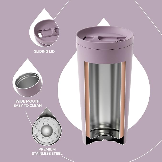 Ideus 17 oz Travel Coffee Mug, Double Wall Vacuum Stainless Steel Insulated Coffee Tumbler With Lid, Splash-Proof & Cup Holder Friendly, Keeps Drinks Hot/Cold, Dishwasher Safe, Purple - Image 4