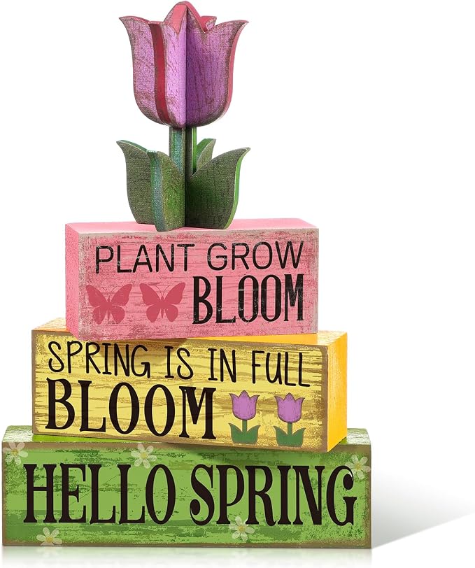 Moucuny 4 Pcs Spring Table Decoration Wooden Stacked Block Decor with Tulip Topper Spring Easter Tiered Tray Decor Platel Flower Table Centerpieces for Easter Party, Living Room, Kitchen by Moucuny