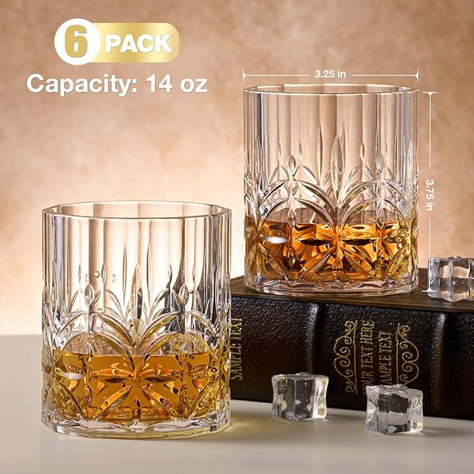 Hlukana Unbreakable Plastic Whiskey Glasses Set of 6, 14 Oz Old Fashioned Glasses for Scotch Cocktail Rum Bourbon Vodka Liquor, Unique Gifts for Men, Reusable, Clear, BPA-free, Dishwasher Safe - Image 2