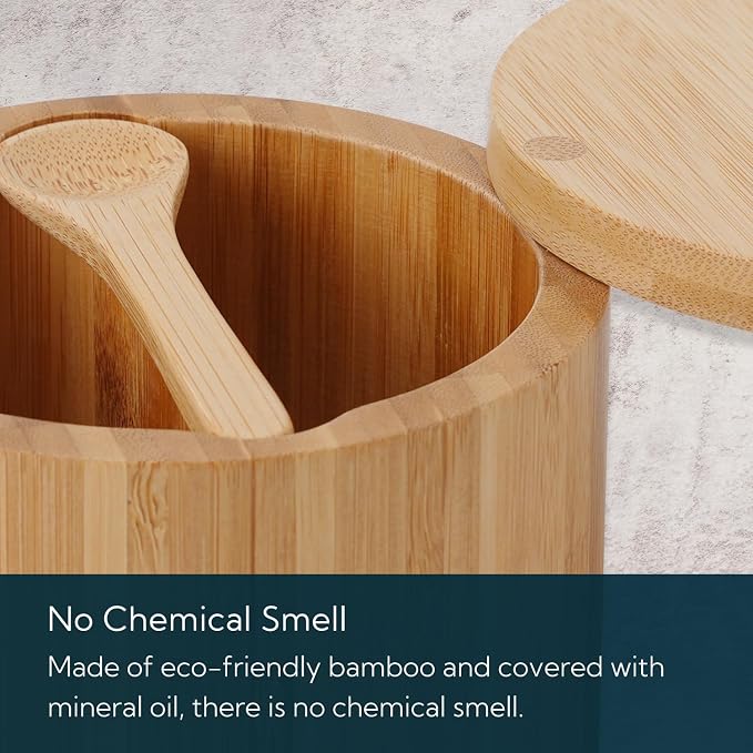 KITCHENDAO Bamboo Salt and Pepper Bowl Box Cellar, Built-in Spoon, Two Compartments Spice Seasoning Container, Sea Salt Cellar Holder, Magnetic Swivel Lid, Dual 5oz Capacity - Image 5