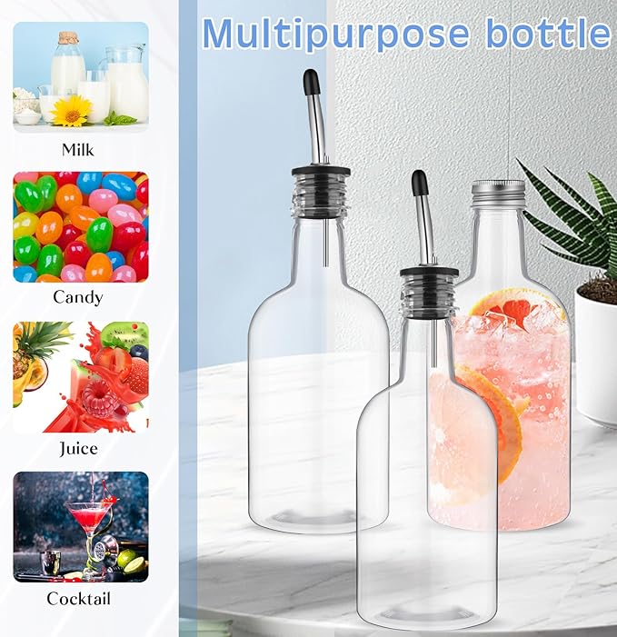 Maxcheck 6 Sets 16 oz Plastic Long Neck Bottles with Pourer and Caps Plastic Juice Pour Bottles with Stainless Steel Bottle Pourer Tapered Spout for Liquor Juice Store Syrup
