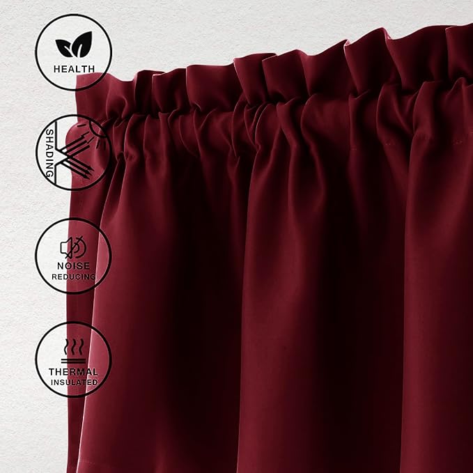 Hiasan Valance Curtains for Kitchen Blackout Thermal Insulated Solid Window Curtain Valance, Burgundy, 42 x 18 Inches, 1 Panel - Image 2