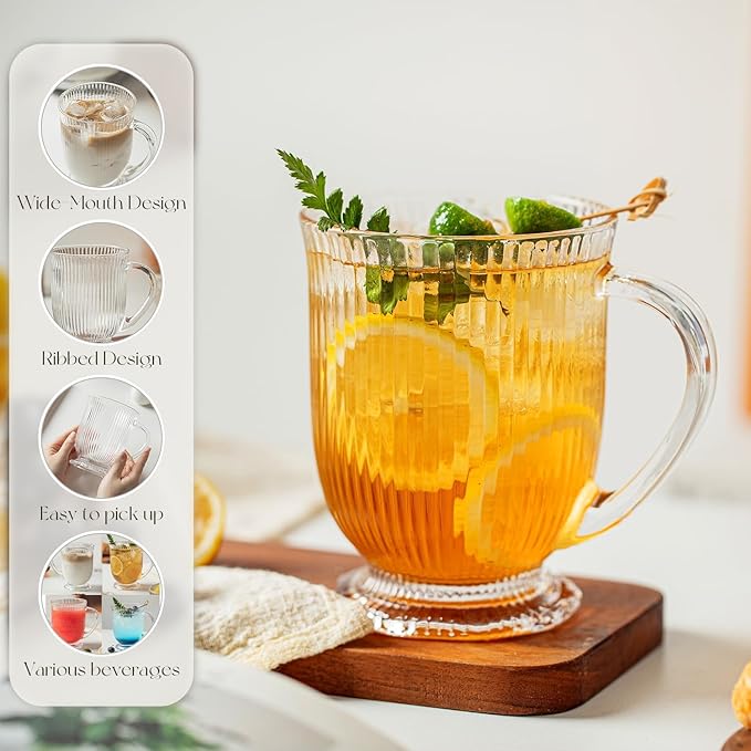 Ribbed Clear Glass Coffee Mugs Set of 4 with Spoon,16 Oz Large Glass Tea Cups with Handle Diner Latte Cups with Footed Base for Hot Beverages,Cappuccino & Espresso Cups, Stylish Drinkware