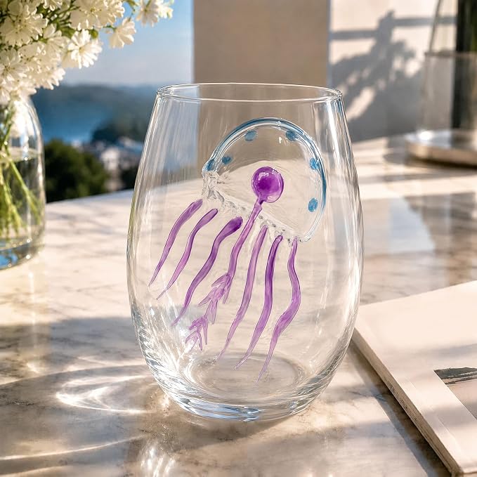 Ocean Themed Jellyfish Hand-Blown Coastal Glassware for Gifts | Ocean Themed Octopus Glassware Hand Blown Coastal Stemless Wine Glasses—Unique Coastal Decor Gift for Ocean Lovers - Image 3