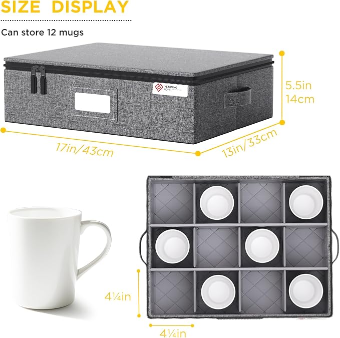 Cup and Mug Storage Box with Hard Shell and Dividers for Coffee Mugs,Tea Cups and Glasses,Stackable Storage Organizers with Lid,Handles,Zips and Label for Moving,Holds 12,2 Pack, Grey - Image 2