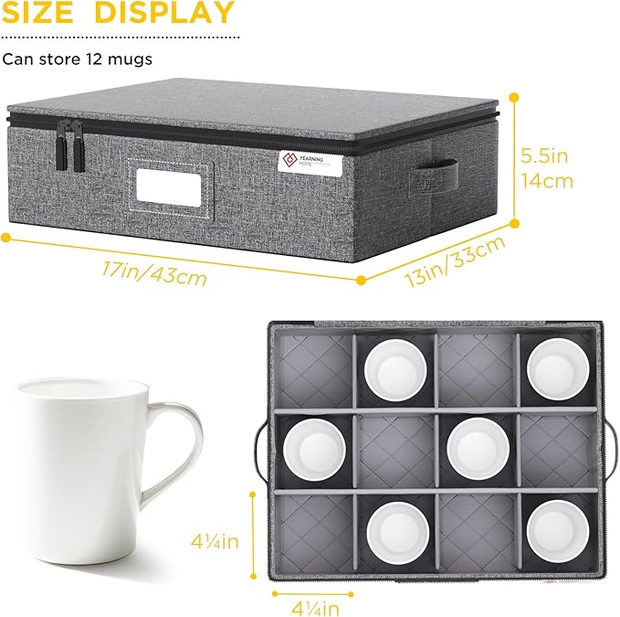 Cup and Mug Storage Boxes with Dividers,Hard Shell Coffee Mug Organizer with Lid,Handles,Zips and Label Window for Coffee Mugs,Tea Cups,Packing and Moving,Hold 12,1 Pack, Grey - Image 2