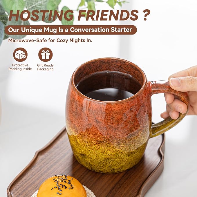 Handmade 22oz Ceramic Coffee Mug, Ergonomic Large Handle, Ideal Gift for Coffee Lovers, Microwave & Dishwasher Safe (Minute-Orange&Yellow) - Image 2
