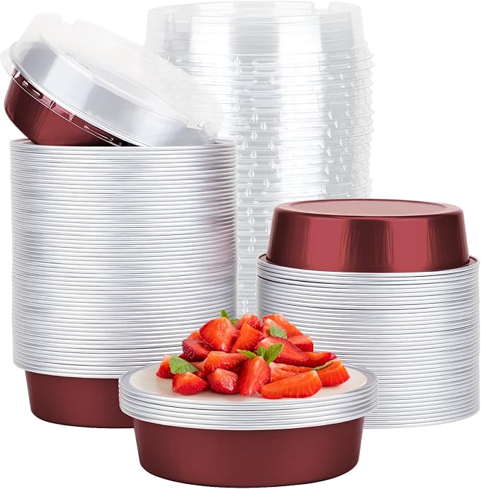 Beasea Disposable Mini Pie Tins with Lids, 100 Pack 4” 7.3oz 215ml Small Round Aluminum Baking Tart Foil Container for Individual Dessert Cupcake Cheesecake Ramekin Quiche Oven Dishes - Wine Red by Beasea