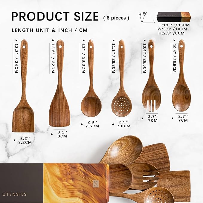 Wooden Spoons for Cooking, 6-Piece Acacia Wood Cooking Utensil Set | Spoons and spatulas stir, mix, flip and serve; balanced handles offer control while staying gentle on nonstick cookware. - Image 2