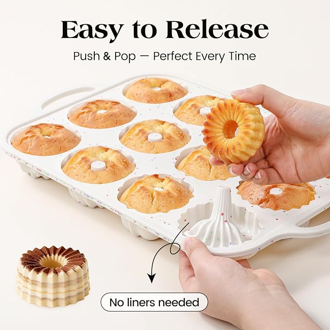Vinino 3 Inch Mini Fluted Cake Pan, 2 Pack with Metal Frame | 4 Shapes 12 Cavity Mini Cake Mold Set for Batch Baking, Flan, Jello, Pudding, Brownies & Desserts - Image 4