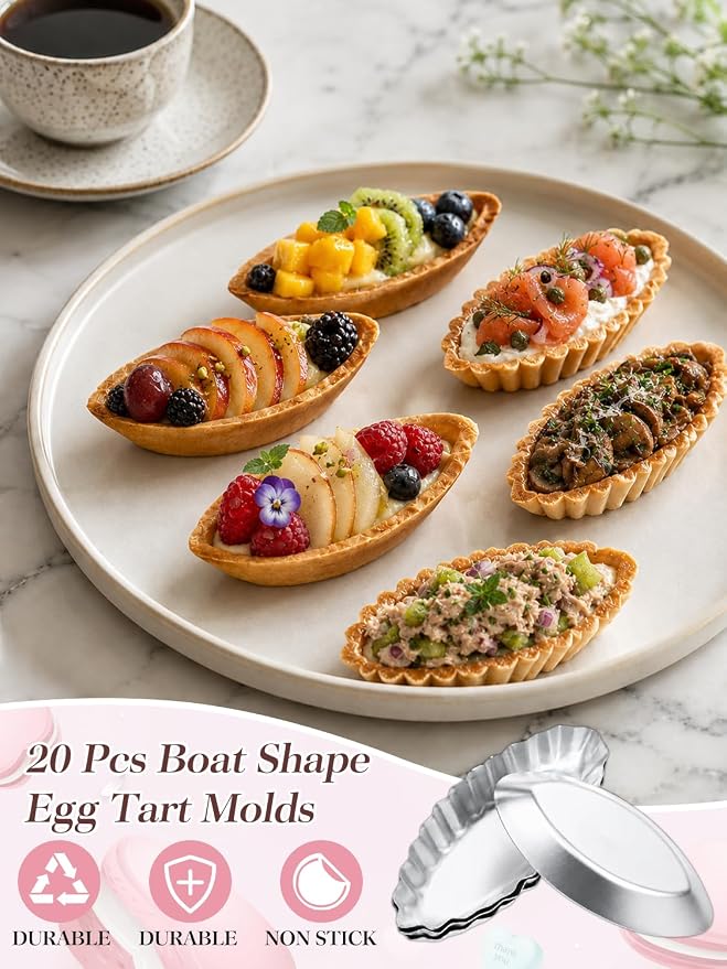 20Pcs Boat Egg Tart Molds for Baking, Smooth Aluminum Tart Pans, M | Non-Stick Barquette Tartlet Pie Shell Pans Tins Reusable Mini Quiche Pie Tray Oval Cookie Molds Frech Dessert - Image 2