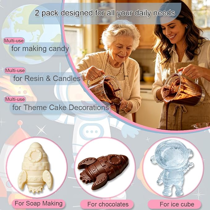2 Pack Space Themed Silicone Cake Molds 6 Cavity 3D Astronaut Rocket Earth Mould Tray DIY Baking Decorating Tools for Chocolate Candy Cupcake Topper Mousse Dessert Gummy Handmade Soap Clay - Image 5