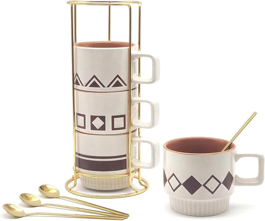 Stackable Coffee Mug Sets of 4 with Rack Tea Cup Set with Spoon 11oz for Coffee, Tea, Cocoa, Cappuccino, Hot Chocolate Ceramic Espresso Cups with Coffee Cup Holder, theme of Geometric by MOCERAKAI