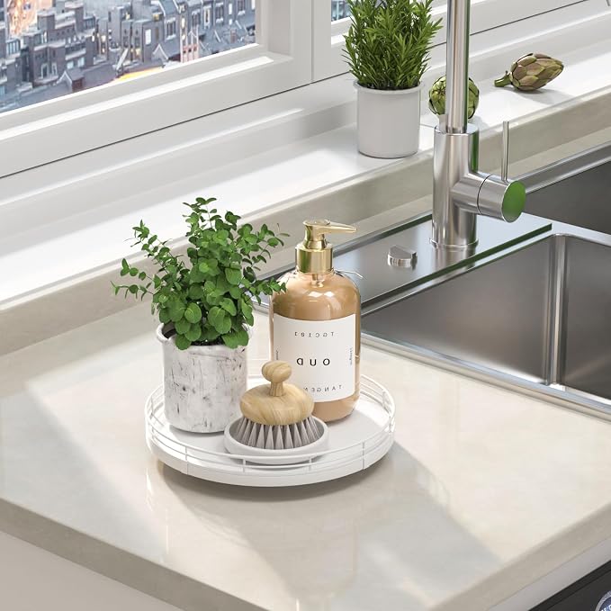 Oroyutor 9-Inch Oak Lazy Susan Vanity Tray, White Finish | Rotating oak tray organizes spices, toiletries and decor on kitchen counters, bathroom vanities, dining and coffee tables. - Image 4